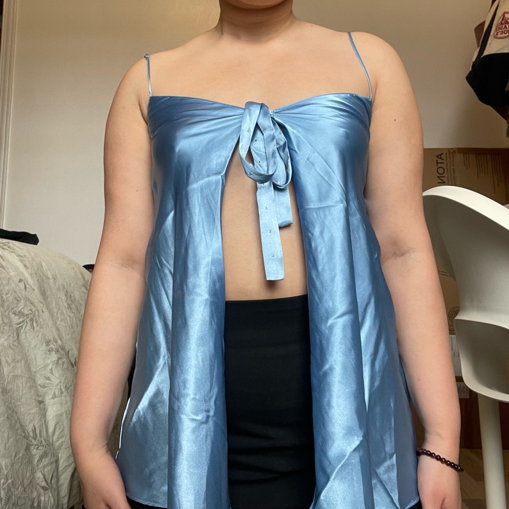 SOLD Blue silk tie front blouse